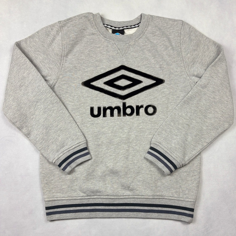 Umbro Sweatshirt Mens Small Grey Double Diamond‎ Logo Crewneck Striped Cuffs